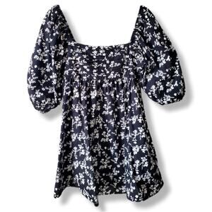 Black White Floral Puff Sleeve Smocked Babydoll Mini Dress L Coquette Milkmaid